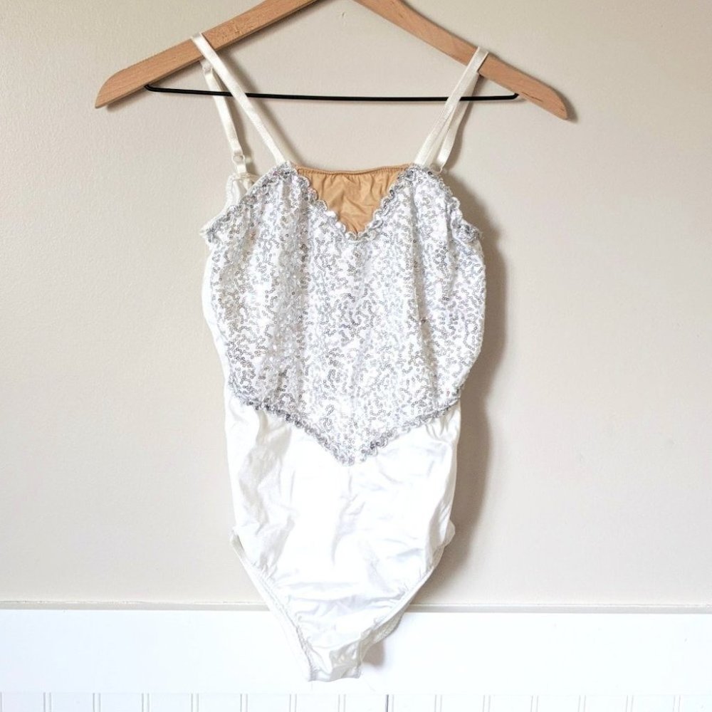 Dansco White & Silver Sequin Performance Dance Leotard Costume S